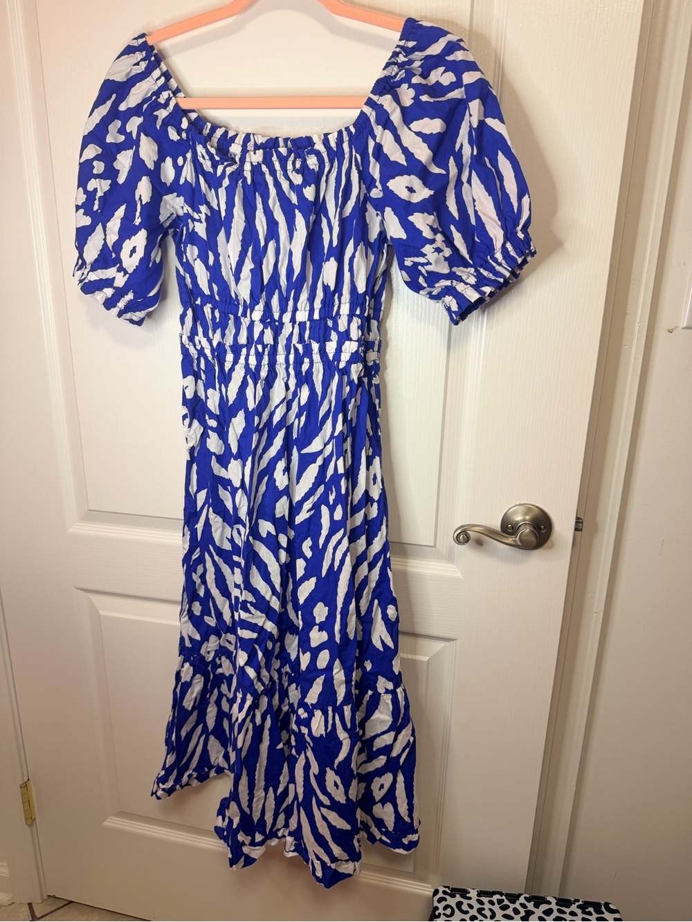 Royal Blue and White Puff-Sleeve Midi Dress